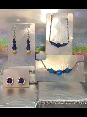 Women's Blue Beaded Necklace and Earring Set